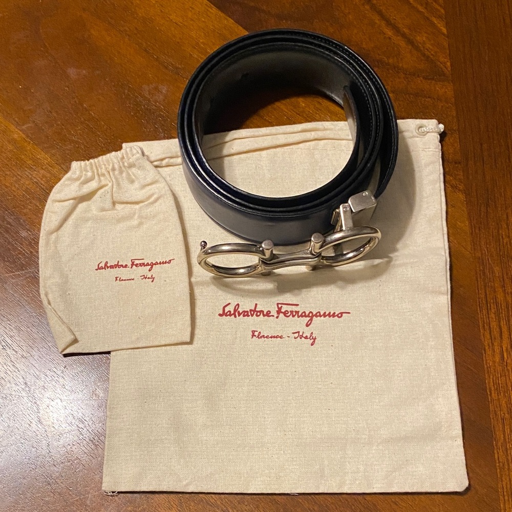 Salvatore Ferragamo Black/Blue reversible Belt with Silver Buckle